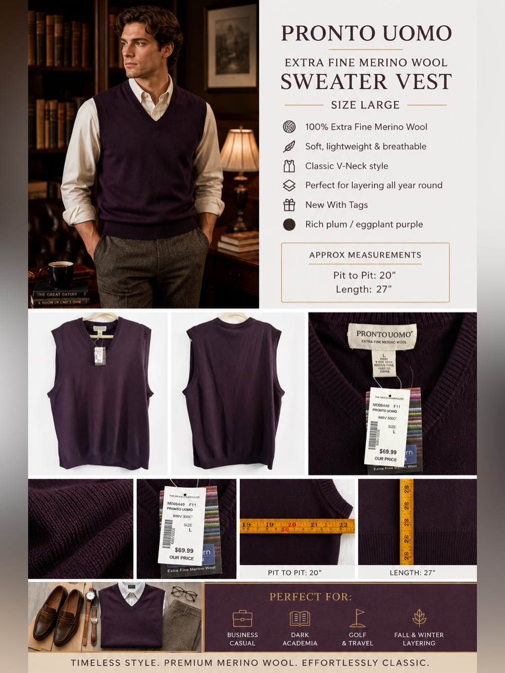 Pronto Uomo Extra Fine Merino Wool Sweater Vest Plum Purple Size Large NWT